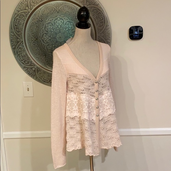 Free People Pale Blush Pink Lace & Knit Button-Up Cardigan - Picture 2 of 13
